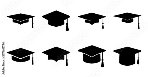 Black graduation caps icon set - Eight stylish black graduation caps arranged neatly for academic and celebration designs.