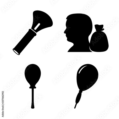 Black silhouette party accessories set - Minimalist black silhouette icons of party items like balloon, bag, and megaphone for event designs and illustrations.