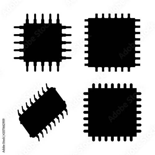 Black microchip and processor icons set - Four stylish black microchip and processor icons arranged neatly for tech and electronics use.