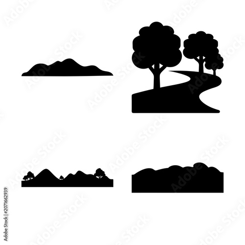 Minimalist black silhouette trees and hills landscape icons - Simple black silhouette vector icons showing trees, hills, and paths in a clean, minimalist style for various design uses.