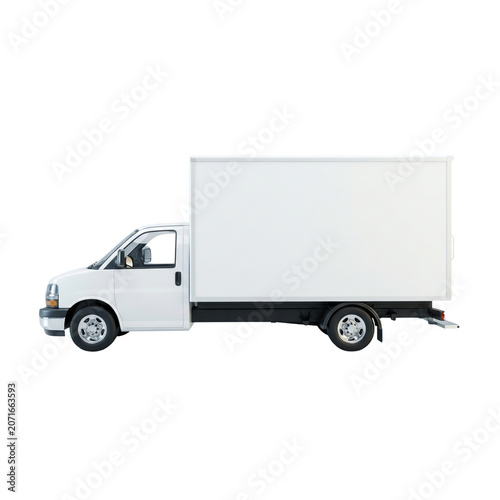 Blank white delivery box truck mockup, side view in studio