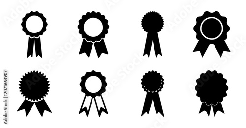 Black ribbon award badges set - Six black ribbon award badges in various shapes and sizes, ready for use in presentations or designs.