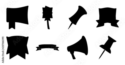 Flat black banner and pin icons set - Set of minimalist black icons featuring banners, pins, and a megaphone for various design uses.