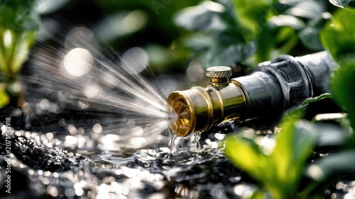 Garden hose nozzle spraying water in the garden