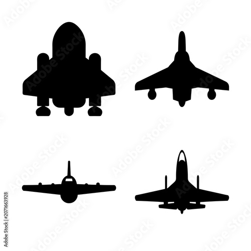 Four black military aircraft silhouettes - Clean vector icons of four black military jets and aircraft in a simple, bold silhouette style.