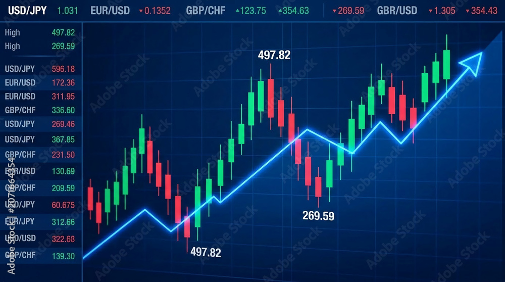 Fototapeta premium Candlestick chart displaying financial market data with upward trending blue arrow, symbolizing growth and profit, ideal for finance and investment concepts