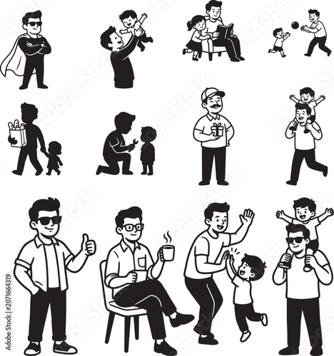 Happy father spending time with his children playing games, reading, giving gifts, and drinking coffee in a flat line icon set.