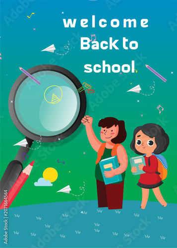 Hand drawn flat back to school poster template with cute children and school supplies