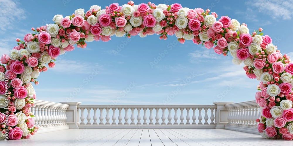 Naklejka premium Romantic rose archway against a bright blue sky