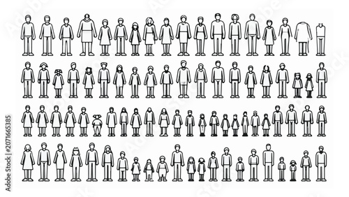 Diverse Collection of Human Stick Figures in Various Poses and Attire.