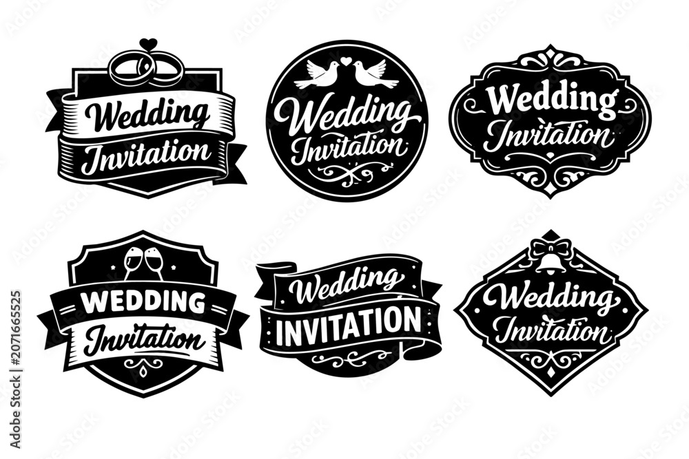 Fototapeta premium Wedding invitation black vector badge set, creating elegant design elements for marriage ceremony banners and labels