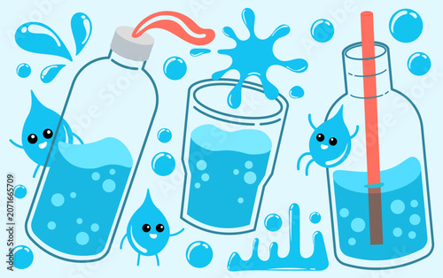 Cute Water Drink Collection with Bottles, Glasses, Splash Elements and Water Drop Mascot Illustration