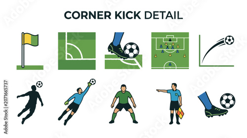 Photos Soccer Corner Kick Detailed Illustrations and Icons Set