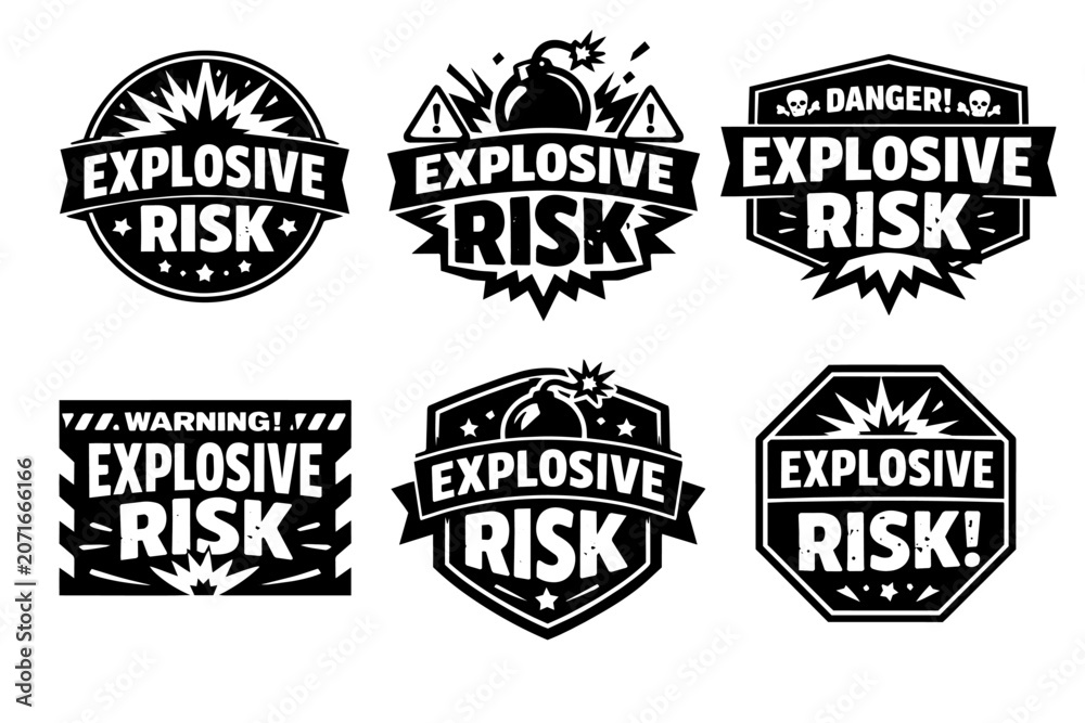 Fototapeta premium Explosive risk warning labels set creating danger alerts and caution symbols for hazardous materials