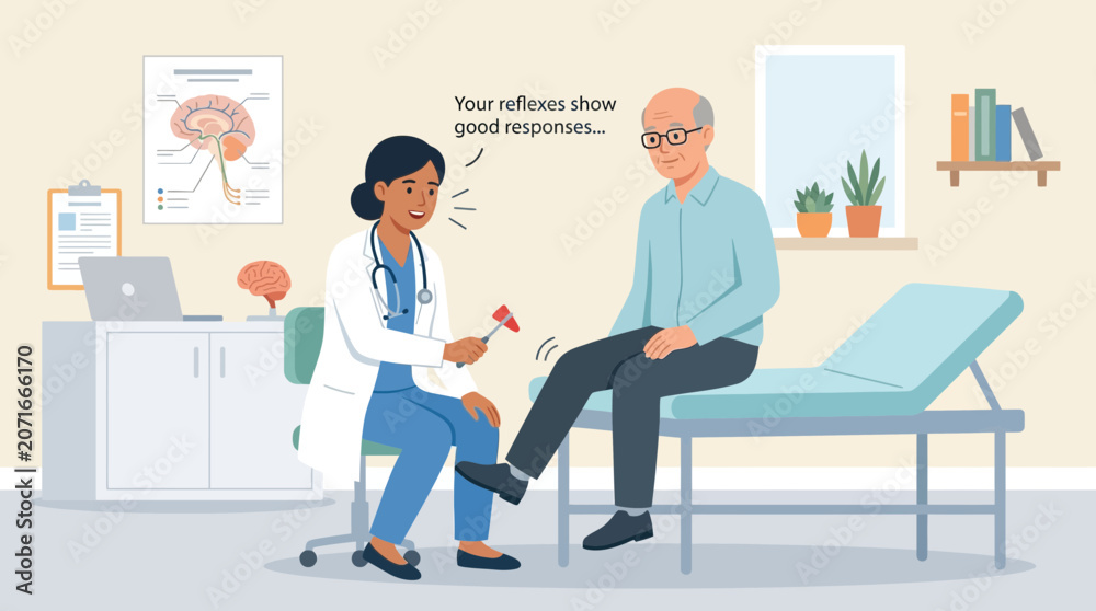 Fototapeta premium Doctor checking elderly patient's reflexes with hammer in clinic