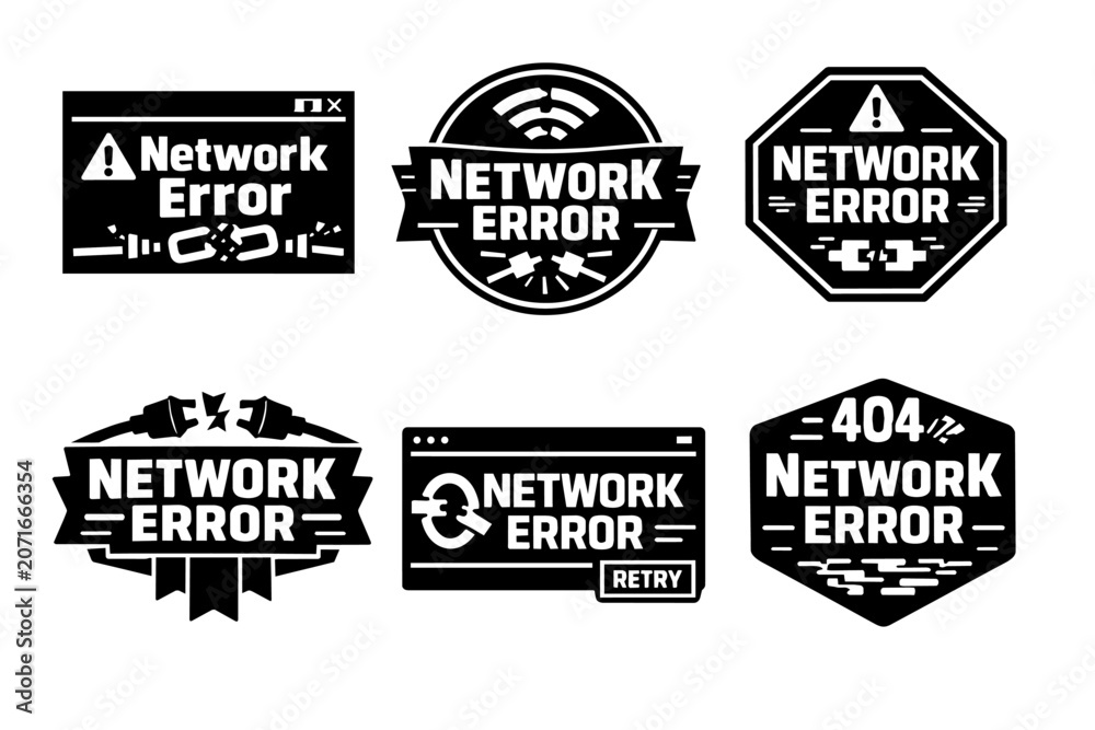 Fototapeta premium Network error signs and emblems set. Displaying connection issues, broken internet links, and website problem alerts