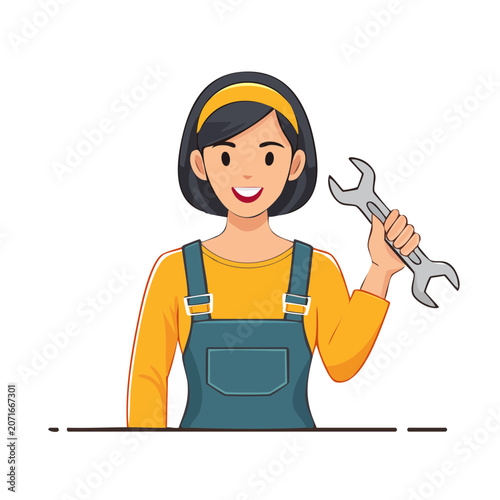 Smiling woman holding wrench in overalls, flat vector illustration
