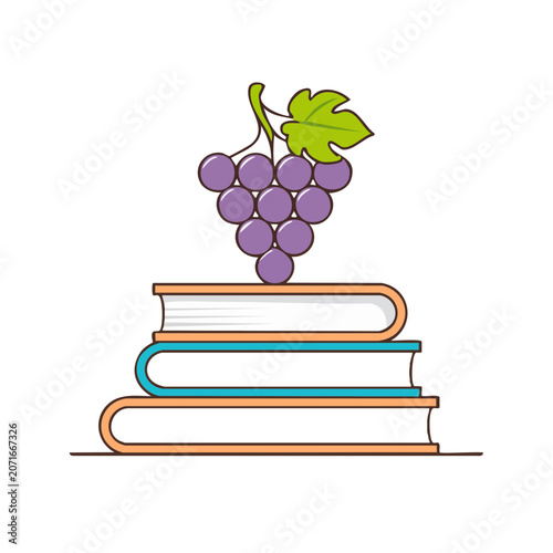Stack of books with grape cluster flat vector illustration