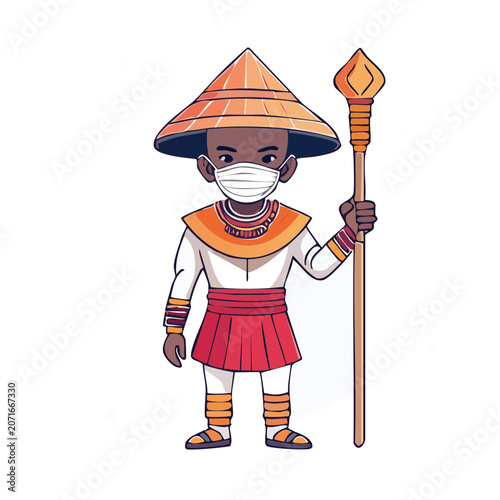 Traditional figure in cultural attire with staff and mask