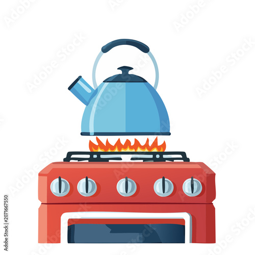 Blue kettle on red gas stove with flame