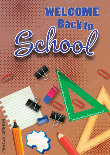 Back to school web banner template with realistic stationery elements