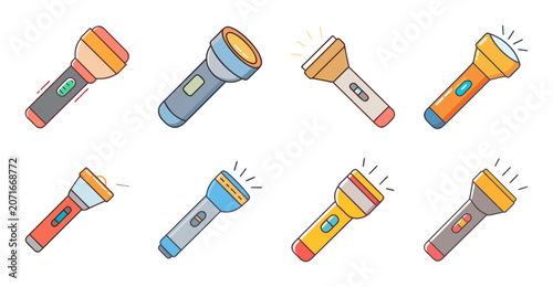 Colorful flashlight icons in various styles - Set of vibrant flashlight icons with different designs and colors, perfect for web and graphic projects.