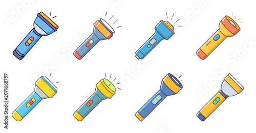 Colorful flashlight icons in different styles - Bright and varied flashlight icons displayed with dynamic lighting effects and playful designs for creative use in digital projects.