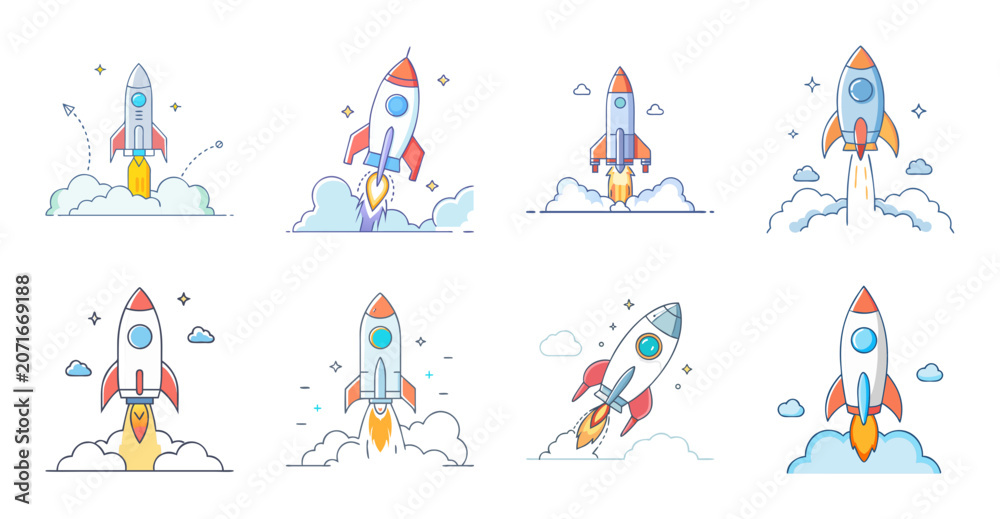 Fototapeta premium Colorful astronauts celebrating in space with rockets - A cheerful set of cartoon astronauts waving flags and rockets, floating joyfully in space with a vibrant and playful theme.