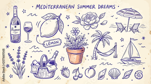 Mediterranean summer dreams hand drawn doodle set with wine, lemon, beach, flowers and fruits