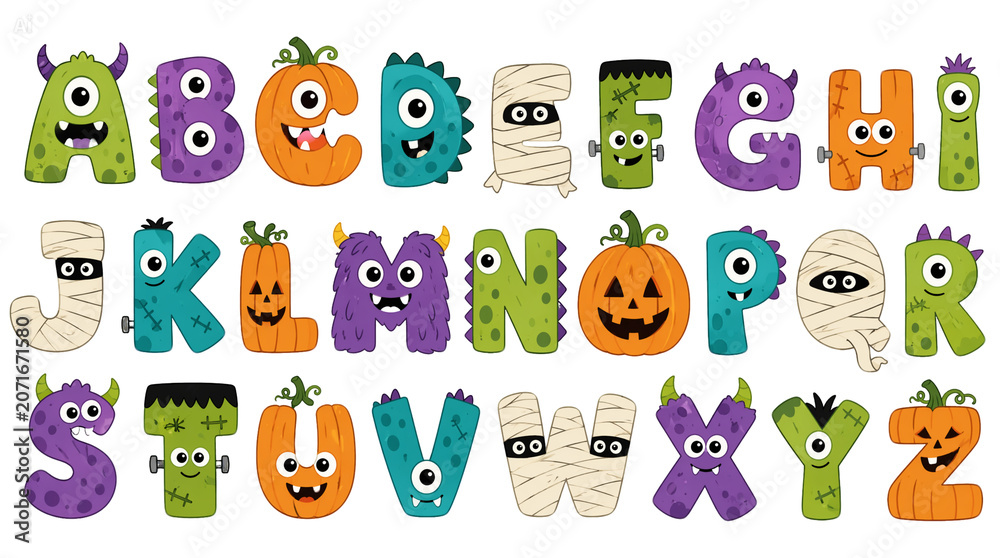 Obraz premium Complete Halloween Monster Alphabet in PNG