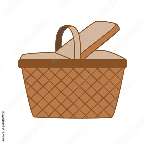 Wicker picnic basket with hinged lid half-open