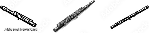 A sleek, modern black and white vector icon of a transverse flute, with clean lines and detailed key markings, isolated on a solid white background