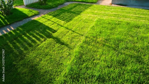 Lawn before and after mowing with lawn mower. Soft evening sun and shadows on grass