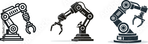 A sleek monochrome vector icon of an industrial robot arm with a gripper, set against a clean white background, embodies the essence of modern technology and automation