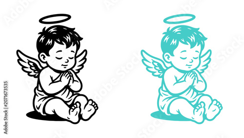 Картината върху платно Two color variations of a sleeping baby angel with wings and halo in a vector il