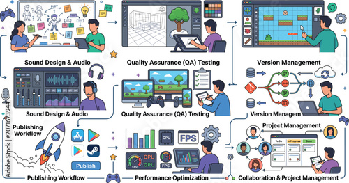 Game Development Workflow Infographic Vector Illustration Set with Sound Design Quality Assurance Testing Version Management Performance Optimization and Publishing