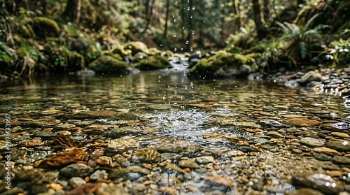 Close up of water drops splashing in a clear rocky forest creek