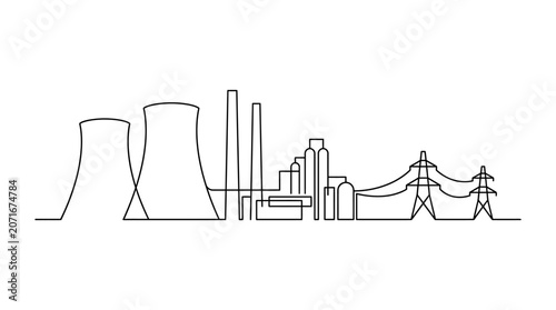 Continuous single line drawing of industrial power plant with cooling towers and transmission towers.