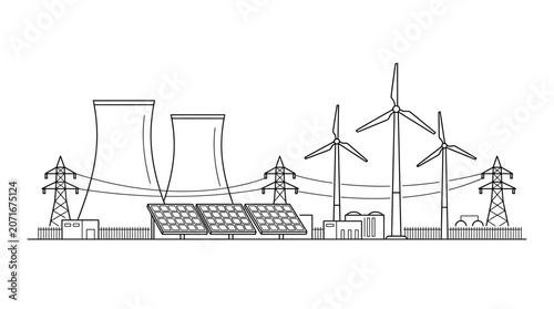 Outline illustration of a power generation landscape with renewable and conventional energy sources.
