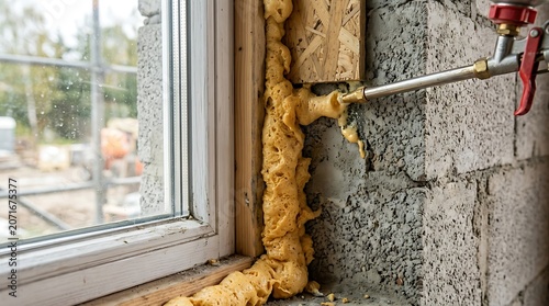 Expanding polyurethane foam applied to a window frame for insulation
