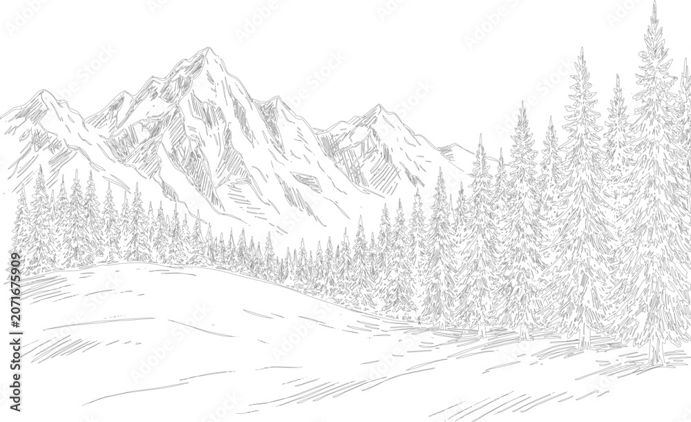 Fototapeta premium Snowy mountain landscape with trees and hills in a serene natural setting