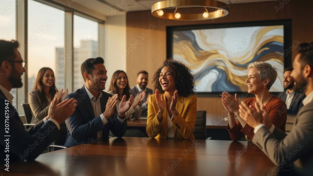 Fototapeta premium Diverse Business Team Celebrating Success in Boardroom