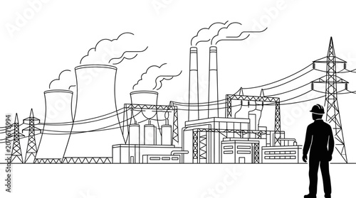 Silhouette of an industrial engineer looking at a power plant sketch.