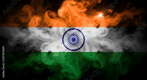 Indian national flag with fire and smoke dramatic background in dark atmosphere