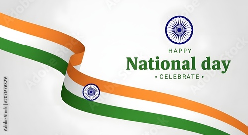 Indian National Flag Celebration Ribbon with Ashoka Chakra on White Background