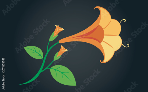 Foto Orange trumpet flower illustration with green leaves and delicate stems on dark background