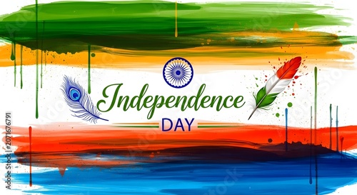 Colorful Independence Day celebration banner with fireworks over water landscape painting style