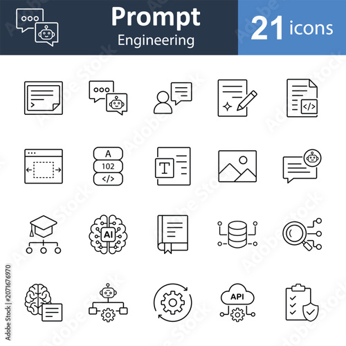 AI Prompt Engineering Line Icon Set for Generative AI, LLM Optimization, Prompt Design, Context Management, and Machine Learning  UI