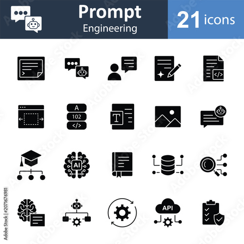 symbols for artificial intelligence applications. Prompt engineering glyph icon set with solid style