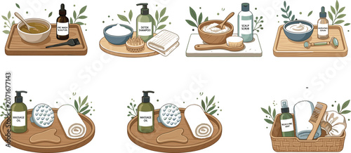 Luxury organic spa wellness treatment cosmetics and beauty body care aromatherapy salon infrastructure elements vector illustration set